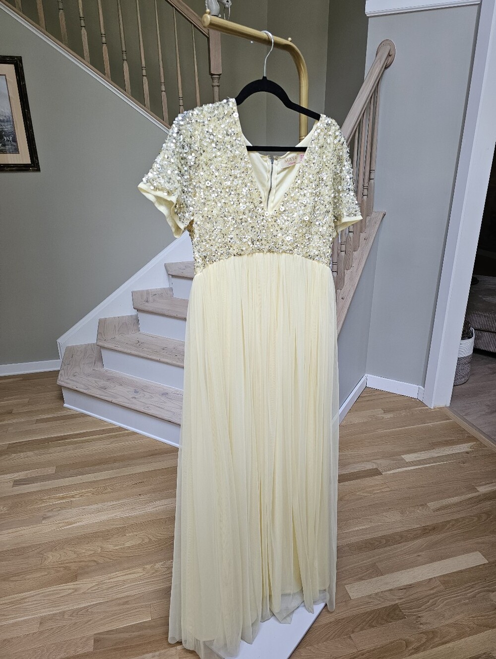 Maya Maternity Cap Sleeve Delicate Sequin Detail Tulle Maxi Dress in Lemon 10 - Picture 11 of 15